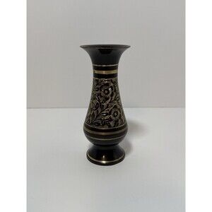 Vintage Black & Gold Etched Brass Bud Vase – 5.5” Floral Design India Style Boho